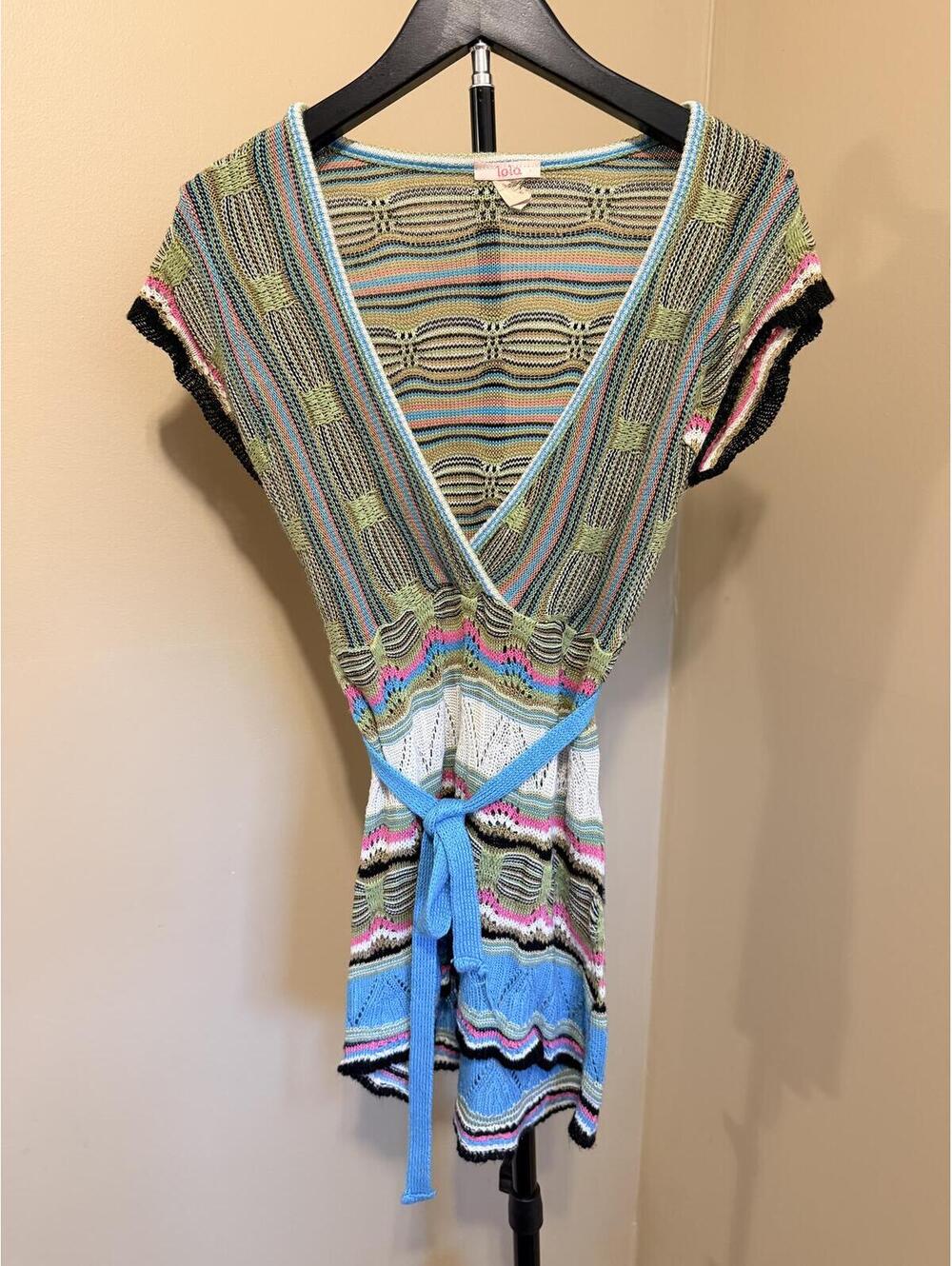 Y2K Lola Crochet Knit Tie Waist Sweater Tunic Top Medium Boho Festival